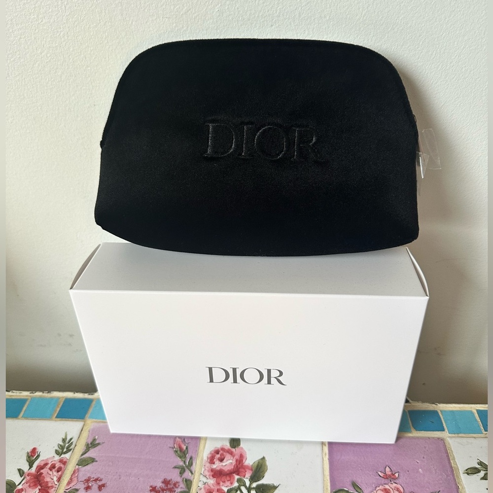 Dior Beauty Luxurious Black Velvet Embroidered Makeup Cosmetic Pouch